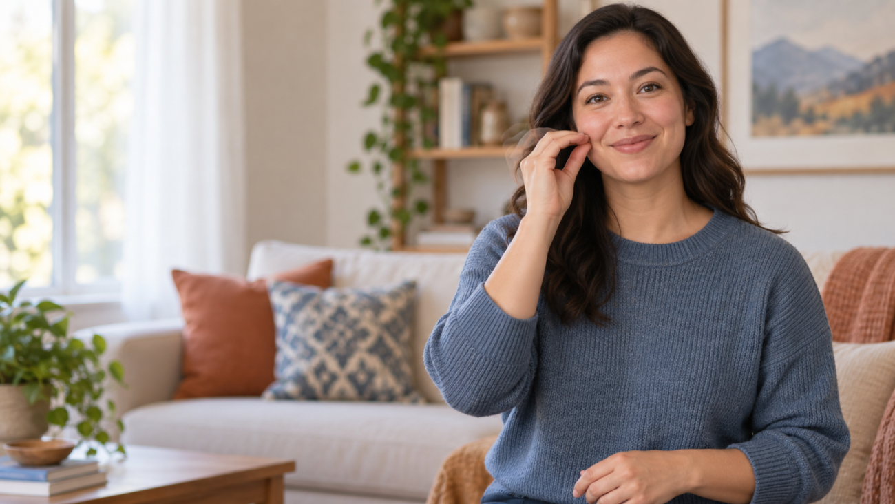 Woman demonstrating the ASL sign for home by touching a flattened O handshape to her cheek